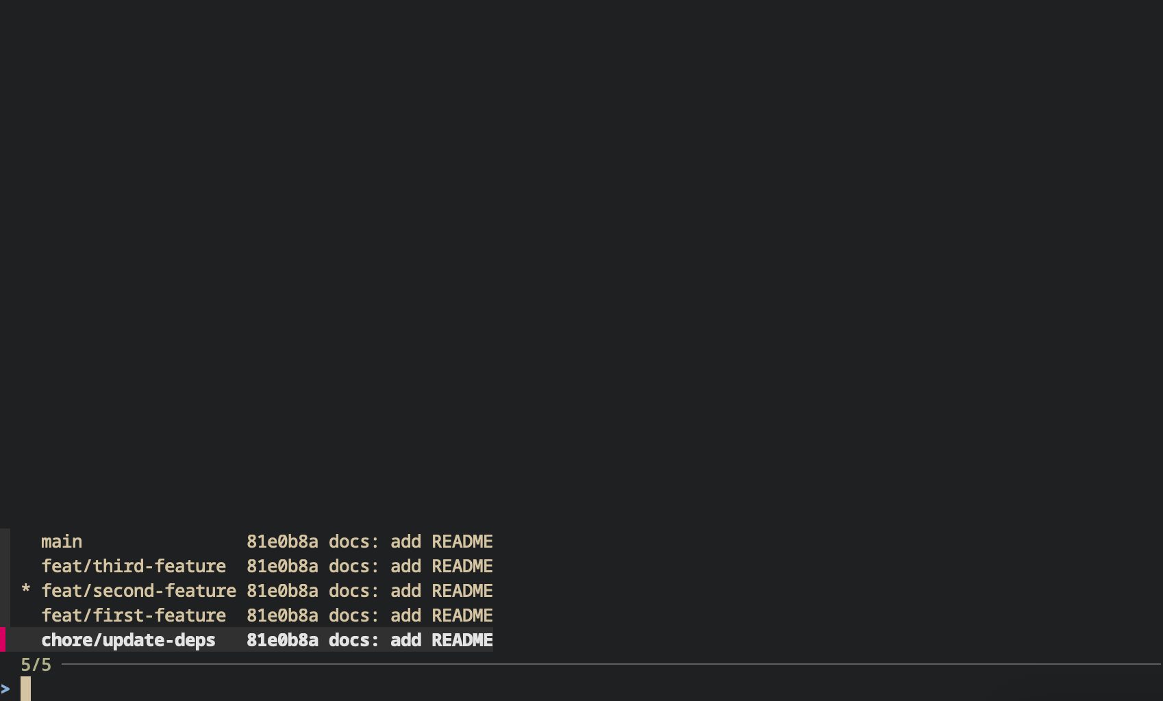 Output of running  in the terminal. It shows a fzf prompt where you can type. Above the fzf prompt, there is a list of all the git branches in the current repository that you can interact it.