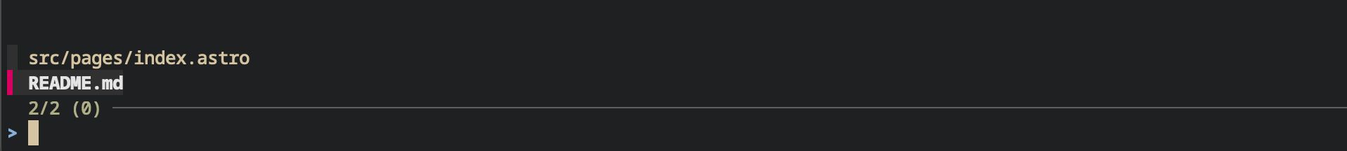 Output of running the  command. The screen shows an interactive list of two files: README.md and an index Astro file. It also shows an interactive prompt that enables filtering