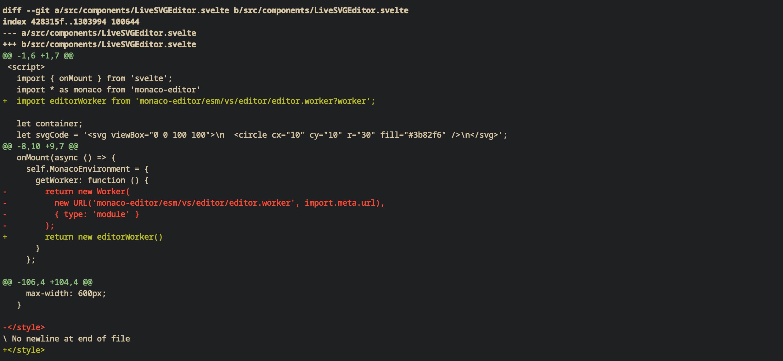 Terminal output of git show using the default Git pager. It shows a diff of a Svelte component called LiveSVGEditor, where the worker initialization code was refactored. Five lines were removed (colored in red). They are replaced by a single added line (in green) that imports an editorWorker directly. The diff is displayed in a single column with no line numbers and no syntax highlighting.