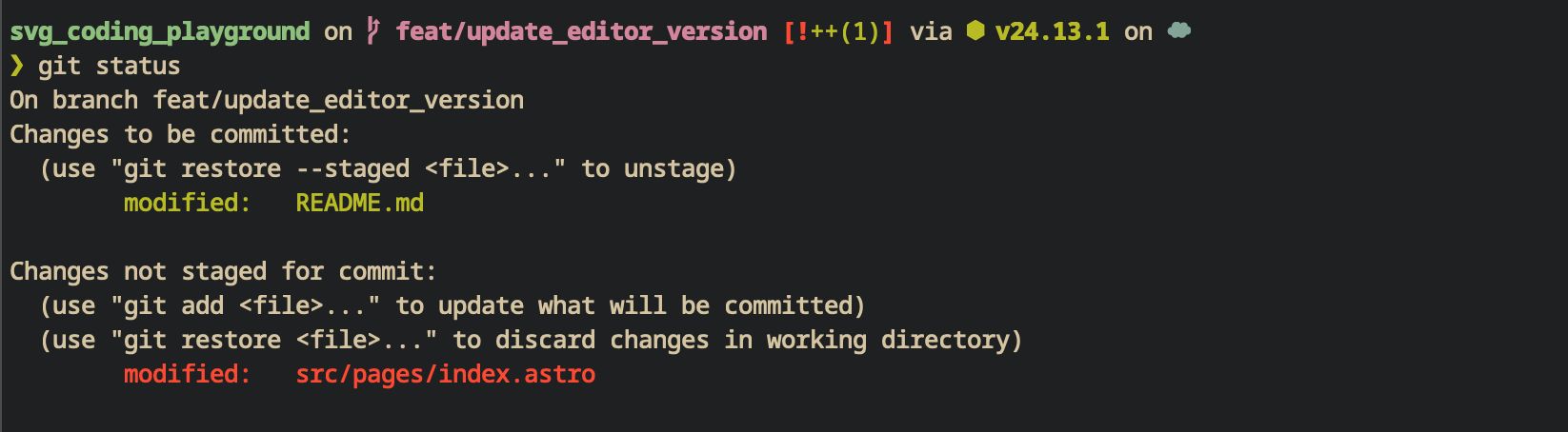 Output of the  command. It shows the README in the staging area. The Astro file is still unstaged