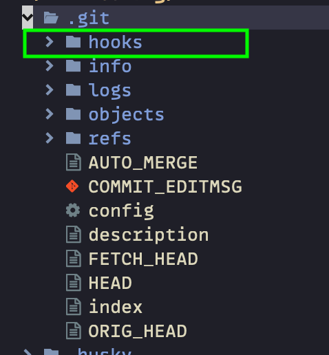 Structure inside a .git folder showing the hooks directory among others